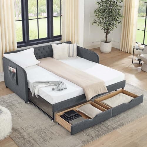 Modern Beige Daybed with Trundle Bed and Storage - 80.5 Twin to King Size