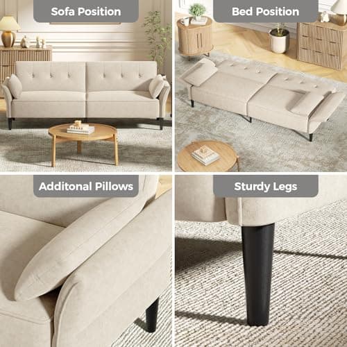 Modern 89 Velvet Futon Sofa Bed with Pillows - Beige Color