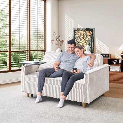 Antetek 3-in-1 Corduroy Convertible Sofa Bed, Beige Metal Frame