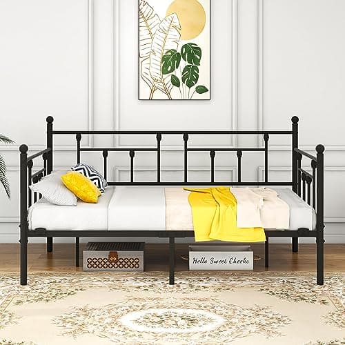 Black Metal Daybed Frame with Steel Slats, Twin Size Mattress Base