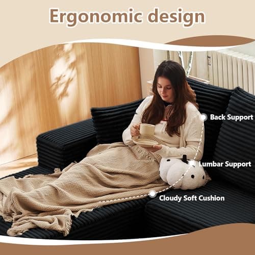 107" Black Right-Facing Chaise Modern Corduroy L-Shaped Sofa