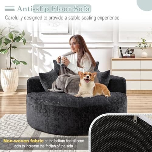 Modern Oversized Black Round Chaise Longue Chair for Living Room and Bedroom, 55-inch Upholstered Chenille Deep Seat Circle Single Cloud Lounge Floor Sofa Chair