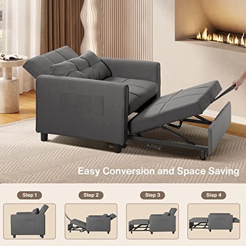 3-in-1 Convertible Futon Sofa Recliner, Dark Grey Linen Fabric Bed for Living Room Apartment