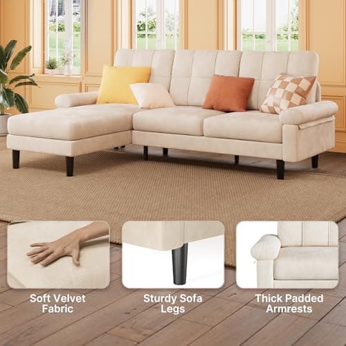 Beige 82" L Shaped Sectional Sofa, Soft Velvet, Modern living room couch