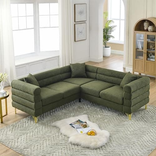 Antetek Modern Black L-Shaped Chaise Lounge Couch with Teddy Fabric and Gold Legs