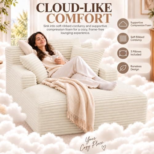 49" Chaise Lounge Indoor, Oversized Chaise Lounge Chair with 3 Comfy Pillows for Living Room Bedroom, Wide Arms Corduroy Fabric High-Density Foam No Assembly Required (White)