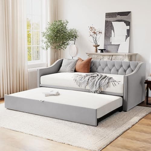 Merax Beige Upholstered Velvet Pop-Up Daybed with Backrest & Armrest
