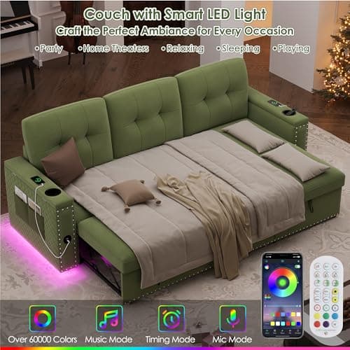HIFIT 87 L-Shaped Sleeper Sofa Bed with Storage, LED Light, USB Port & Cupholder - Modern Green Velvet Sectional for Living Room