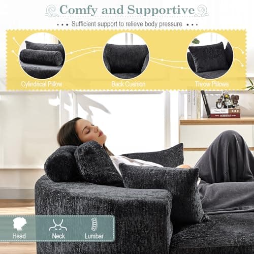 Modern Oversized Black Round Chaise Longue Chair for Living Room and Bedroom, 55-inch Upholstered Chenille Deep Seat Circle Single Cloud Lounge Floor Sofa Chair