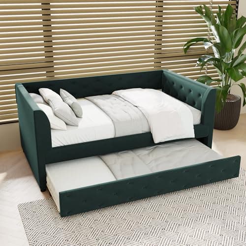 Merax Beige Upholstered Velvet Pop-Up Daybed with Backrest & Armrest