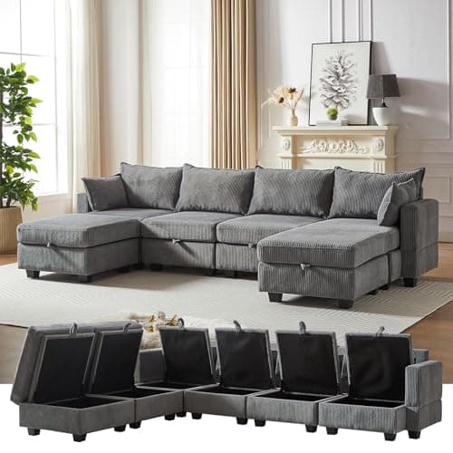 Antetek U-Shaped Sleeper Sofa Bed with Storage Ottoman, 6-Seat Corduroy Couch
