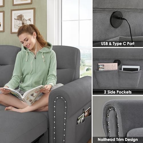 Dark Grey Velvet Reversible Sleeper Sofa Bed with Storage Chaise & Nailhead Armrest