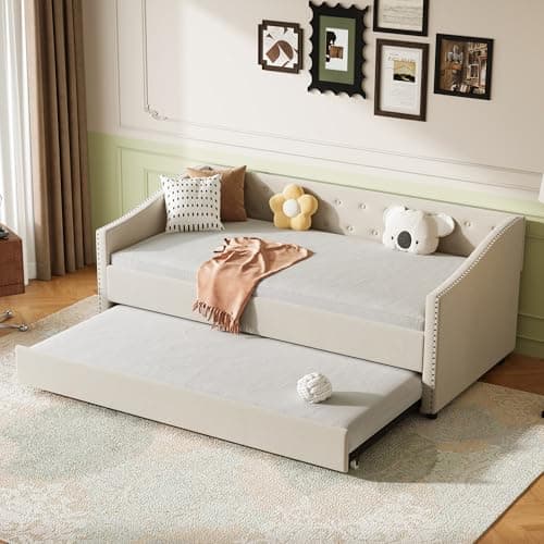 Twin Size Upholstered Daybed with Trundle - Dark Grey | Ultimate Guest Bed with Tufted Back and Piping Detail for Bedroom | No Box Spring Needed  
Twin Size Upholstered Daybed with Trundle - Dark Grey | Perfect Sofa Bed for Guest Room with Button Bac