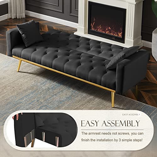 73-inch Reclining Velvet Futon Sofa Bed with 3 Angles, Black Living Room Loveseat