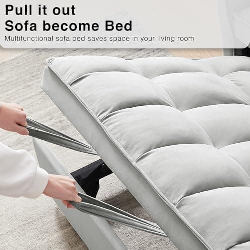 3-in-1 Convertible Sectional Sofa Bed, Grey Velvet | Side Pocket, Adjustable Backrest