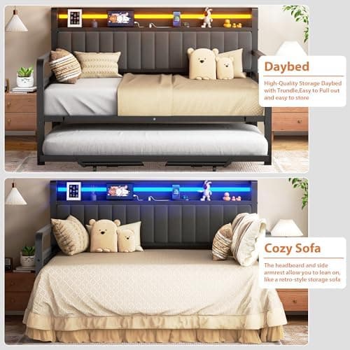 Daybed with Trundle and LED Light, Heavy Duty Metal Twin Bed Frame with Upholstered Storage Headboard & Charging Station, Day Bed Pop Up Trundle Bed Twin for Living Room,Bedroom and Guest Room (Black)