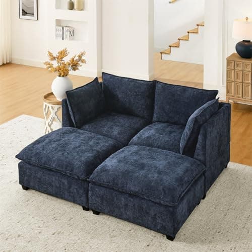 Oversized Chesterfield U-Shaped Couch with Ottomans & Chaise, 6 Seat, Blue Linen Fabric