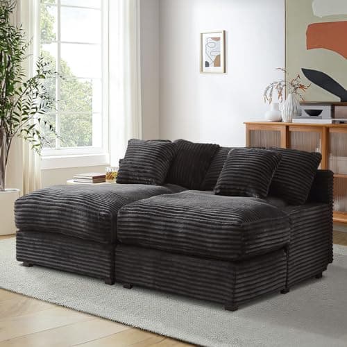 Antetek Black Corduroy Double Chaise Lounger Couch