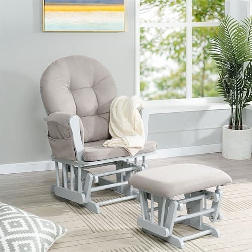 Nursery Glider & Ottoman Set, Reclining Rocker with Padded Arms - White, Dark Gray