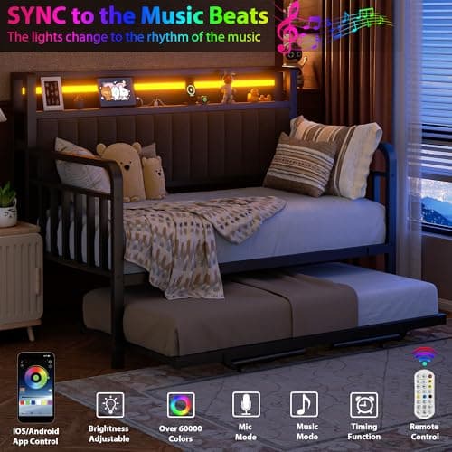 Heavy Duty Metal Full Bed Frame with Pop Up Trundle and LED Light (Black)
| Sturdy Daybed for Living Room, Bedroom and Guest Room with Charging Station (Black)
| Upholstered Storage Headboard and LED Light Daybed (Black)