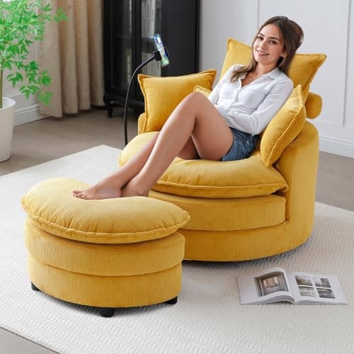Modern Green Swivel Chair with Phone Holder & Storage Ottoman, Corduroy Upholstered