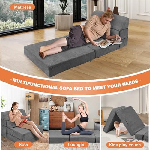 Grey Foldable Sofa Bed - Comfortable Living Room Sleeper Chair Couch