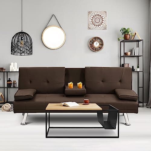 Modern Futon Sofa Bed with Adjustable Positions and Cup Holder - White