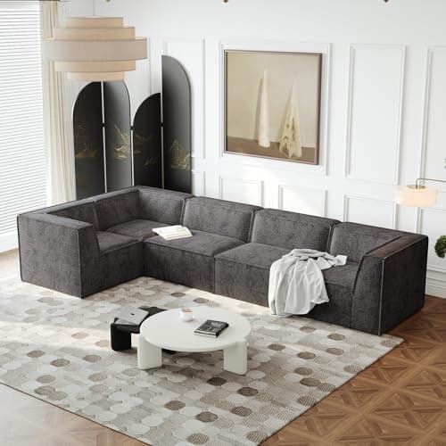 Antetek Oversized Sectional Couch, L-Shaped Modern Comfy Chenille Fabric Floor Foam Compression Modular Sectional Sofa, Couch and Loveseat Sets for Living Room Office, 5 Seater, Black