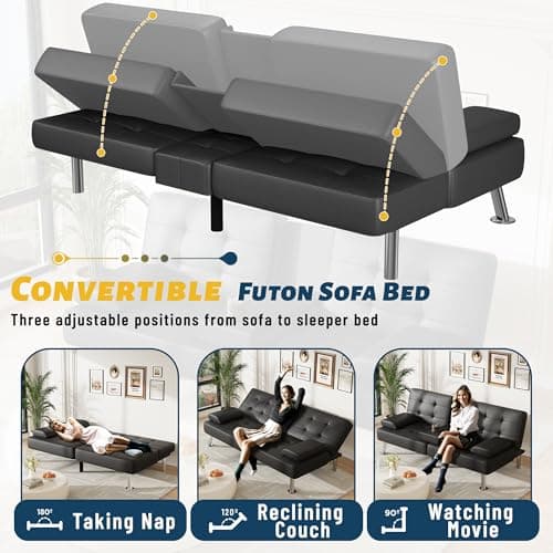 Furmax Adjustable Futon Couch Bed, PU Leather Black for Living Room