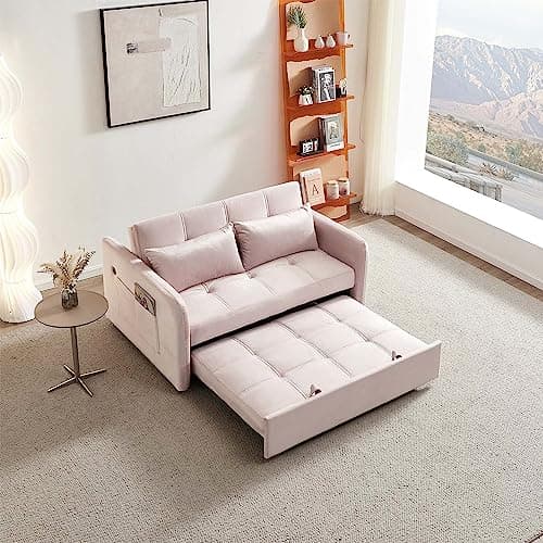 Antetek Modern Tufted Velvet Sleeper Sofa Bed, Pink