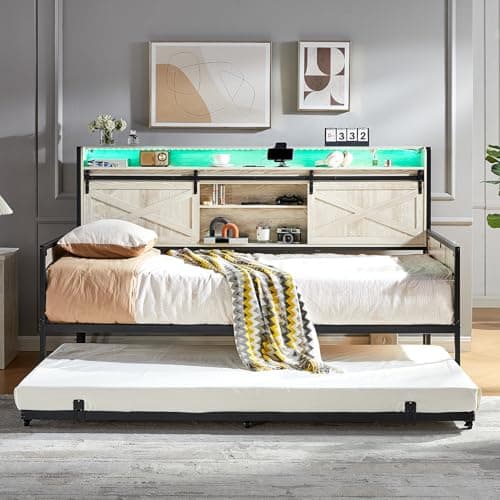 Rustic White Farmhouse Daybed with Trundle, Sliding Barn Door & Charging Station