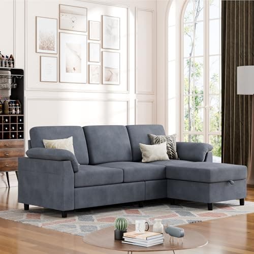 Vongrasig 3 Seat L Shaped Sofa with Removable Pillows Linen Fabric Black