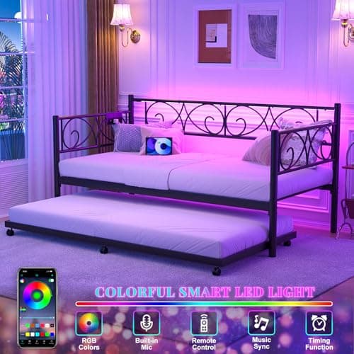 Unikito Black Metal Daybed with Charging & LED Lights, Twin w/ Pop-Up Trundle