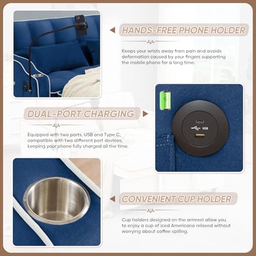 Modern 3-in-1 Sleeper Sofa with USB & Type C Ports, Adjustable Backrest, and Phone/Cup Holder for Living Room or Apartment, Blue Velvet