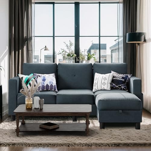 Shintenchi Green 3-Seater L-Shaped Sectional Sofa with Ottoman and Reversible Chaise