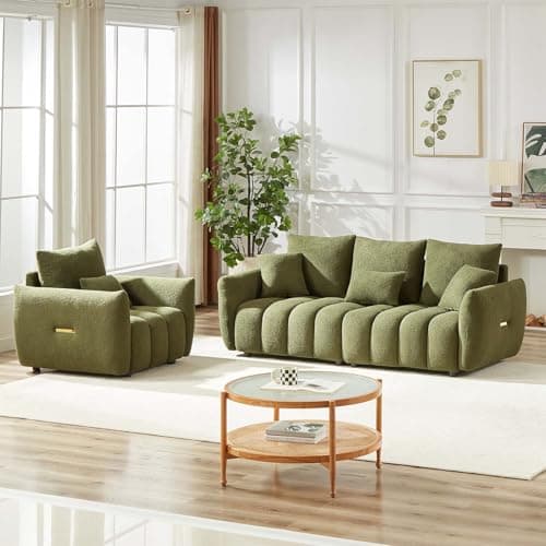 Modern Beige Teddy Sofa Set for Living Room: Deep Seat Chair and Oversized 3-Seater Couch