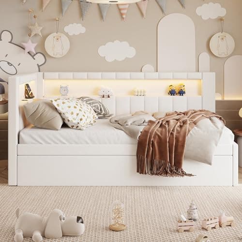 Twin Size White Daybed with Trundle and L-Shaped Bookshelf Headboard for Kids Boys Girls