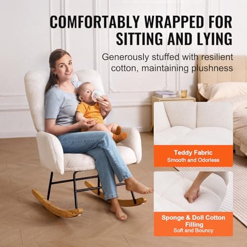 VEVOR Ivory White Teddy Fabric Glider Rocking Chair, Supportive Backrest, Up to 250 lbs
