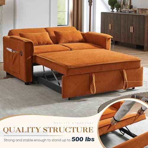 Antetek 3-in-1 Pull-Out Sofa Bed with Velvet Chaise Lounge, USB Charging, Orange