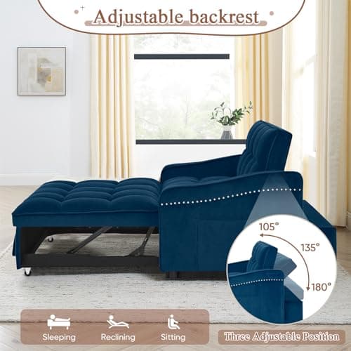 Modern 3-in-1 Sleeper Sofa with USB & Type C Port, 52 Small Velvet Loveseat Bed for Small Spaces - Blue