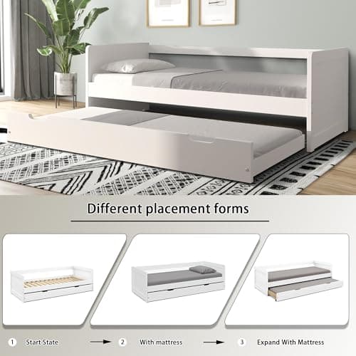 Modern Wood Daybed with Armrest and Trundle, White