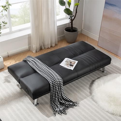 VECELO Modern Convertible Sofa Bed, Faux Leather Futon, Black