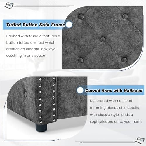 Antetek Grey Fabric Button-Tufted Twin Daybed with Trundle Sofa