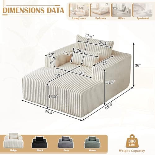 Beige Oversized Chaise Lounge Chair with Armrests & Pillows, Modern Couch for Living Room, Bedroom, Office