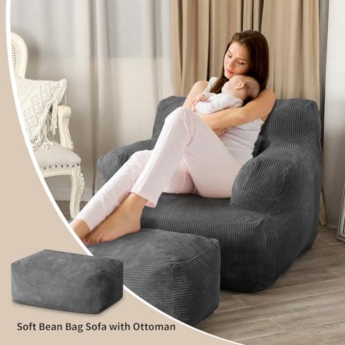 Bean Bag Sofa Chair with Ottoman and Throw Pillow for Adults