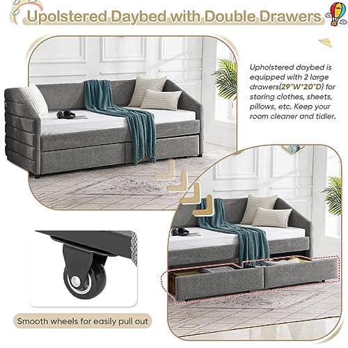 Modern Tufted Linen Daybed with Drawers - Grey Twin Size