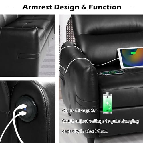 Mid Century Modern 85" Black Leather Sofa with USB Charging Ports