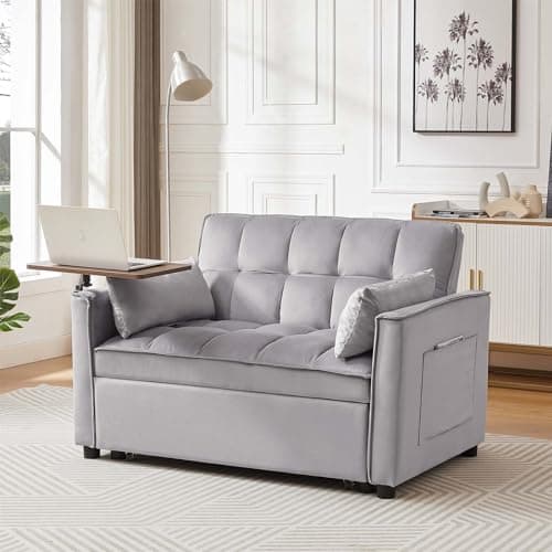 Antetek 3-in-1 Convertible Sofa Bed with Rotating Side Table - 47 Modern Velvet Loveseat for Small Spaces in Living Room, Apartment, or Office, Grey