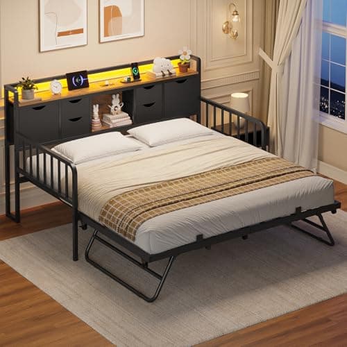 ADORNEVE Height Adjustable Metal Twin Day Bed with Storage and Charging Station, Living Room and Bedroom Daybed for Kids and Adults, Black  
ADORNEVE Twin Day Bed with Trundle and Storage Headboard, Perfect for Kids and Adults in Bedroom and Guest Ro