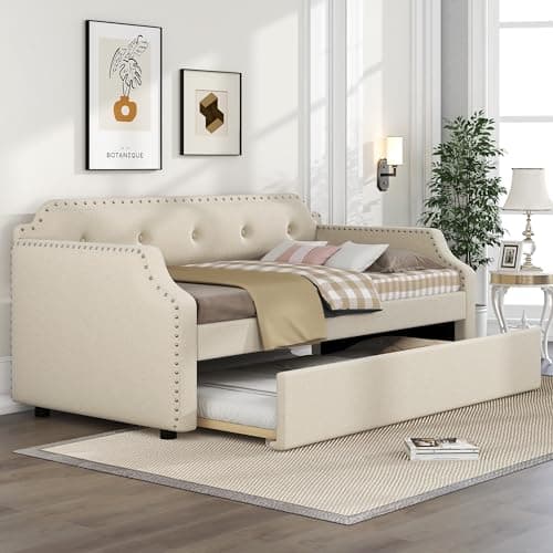 LZ LEISURE ZONE Beige Twin Size Daybed with Trundle for Bedroom Living Room